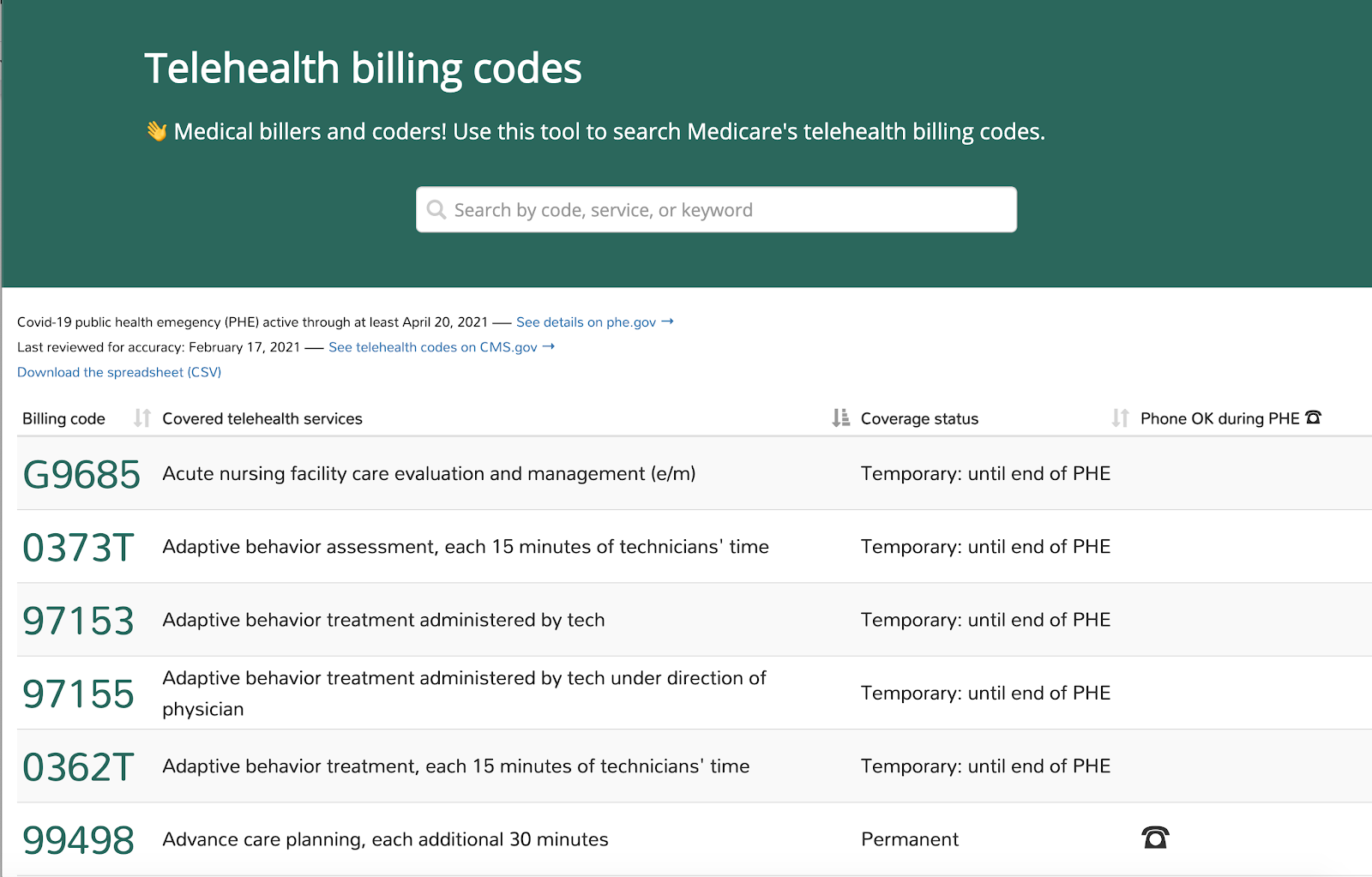 Searchable billing codes prototype.