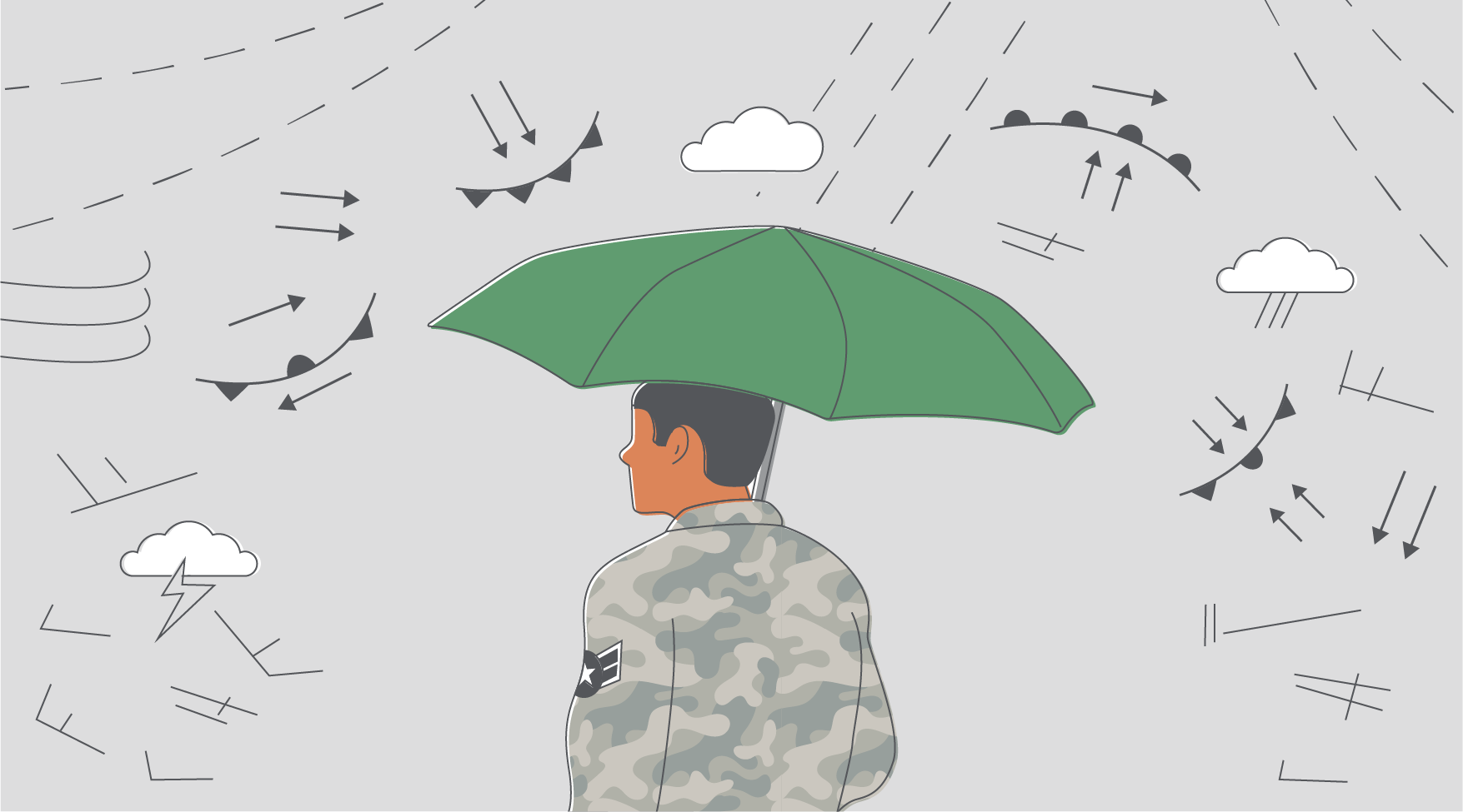 An airman stands under an umbrella while weather data rains down around them.